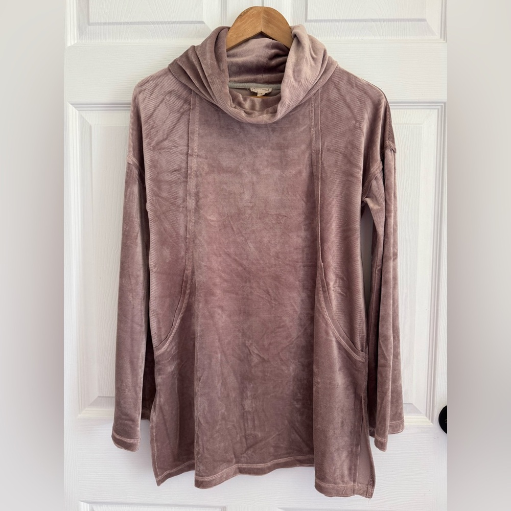 Hem & Thread Velour Tunic Top Small Mauve Pink Cowl Neck Bell Sleeve Ribbed